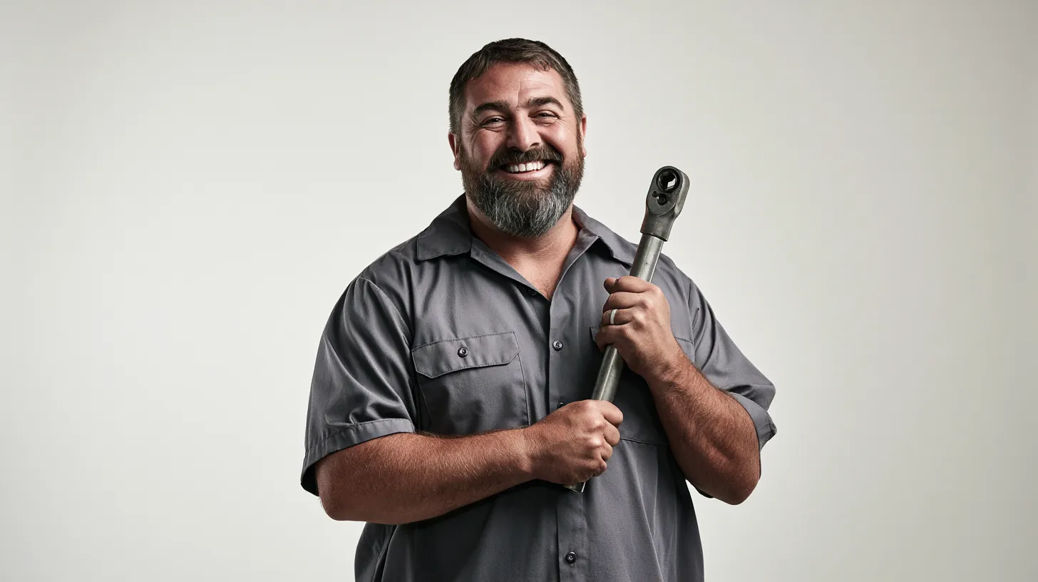 Friendly American mechanic holding a torque wrench before an auto repair