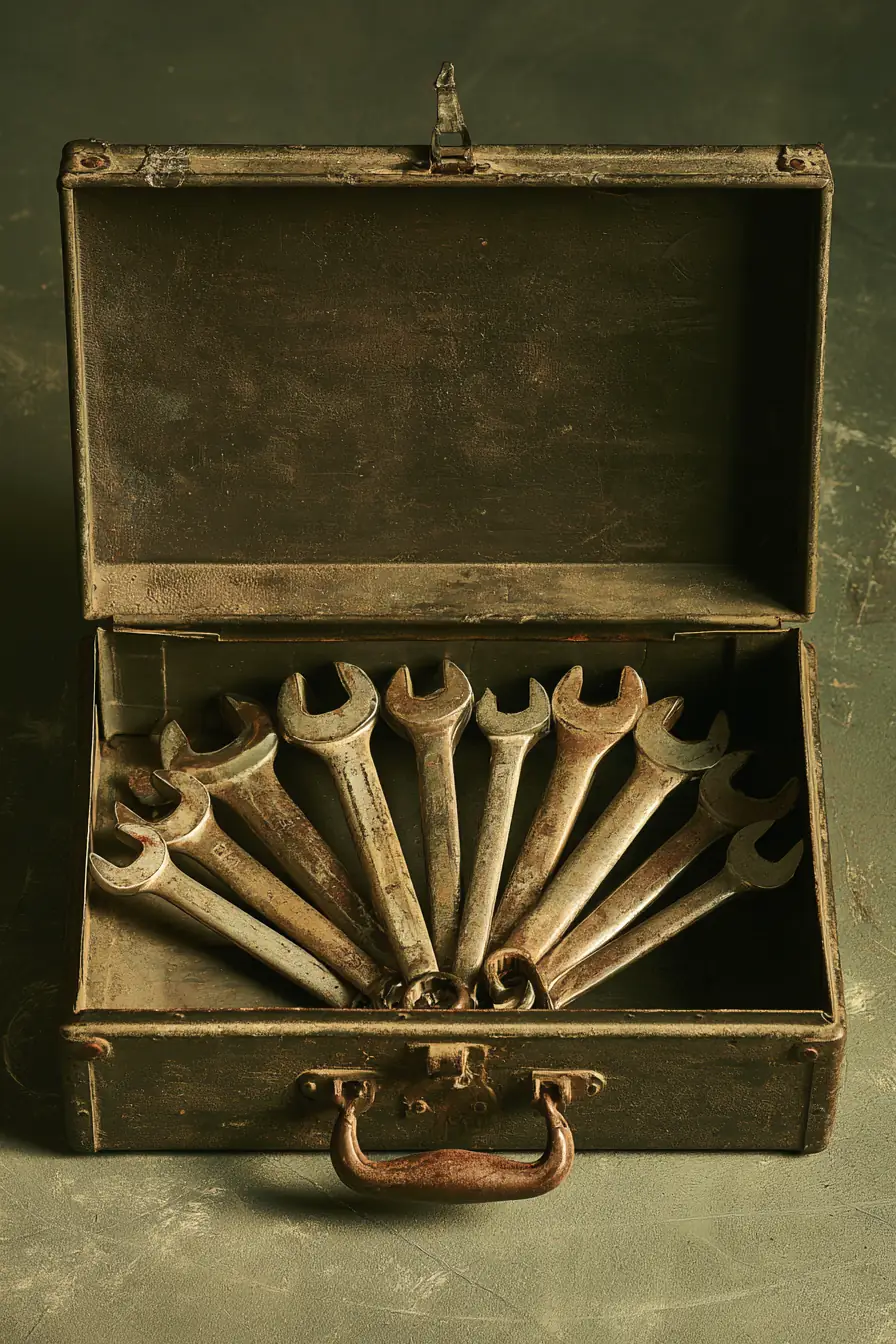 Open toolbox with wrenches fanned out beside an auto repair estimate