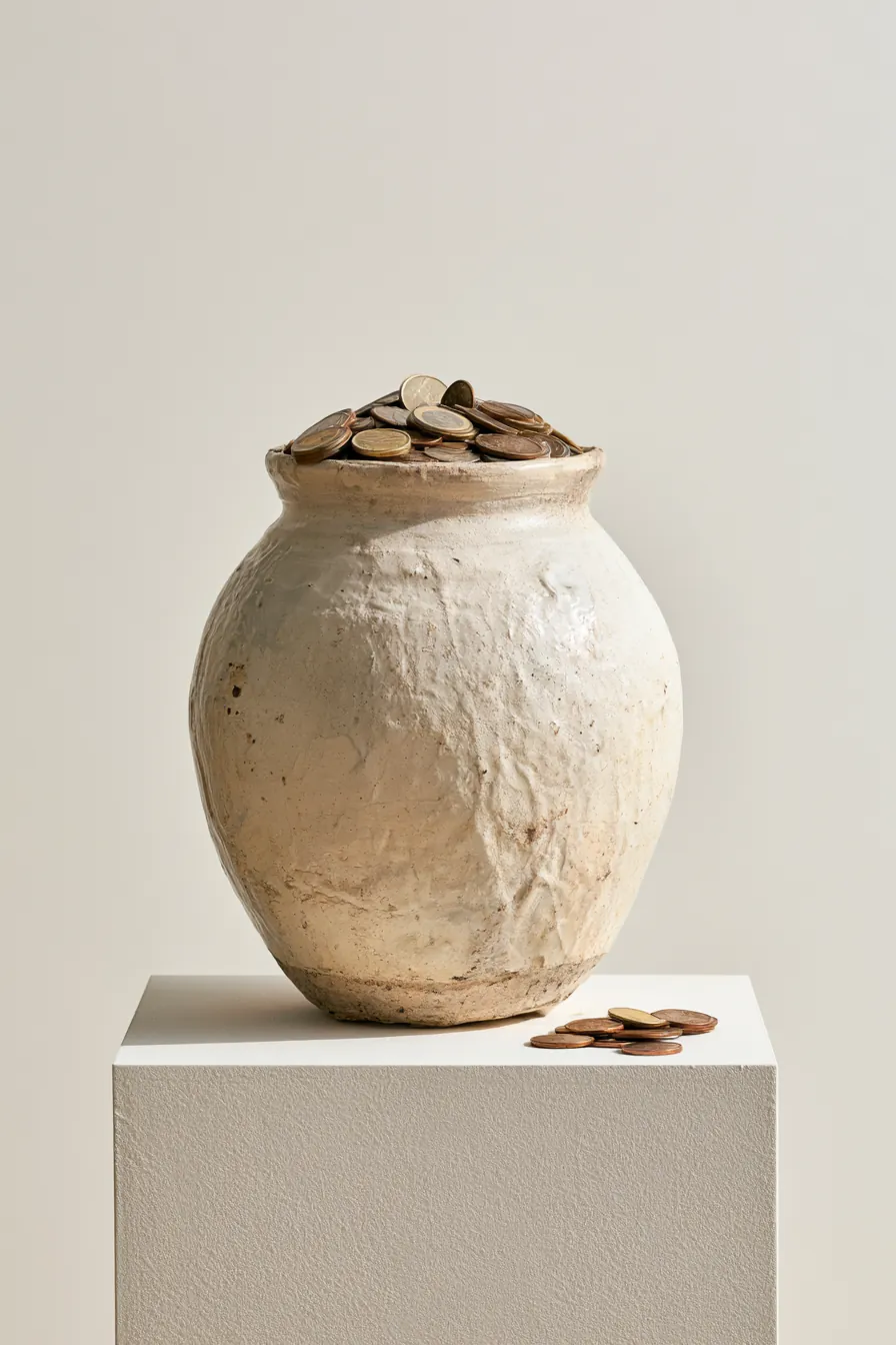 Ceramic jar of coins representing a labeled budgeting jar for personal loan funds