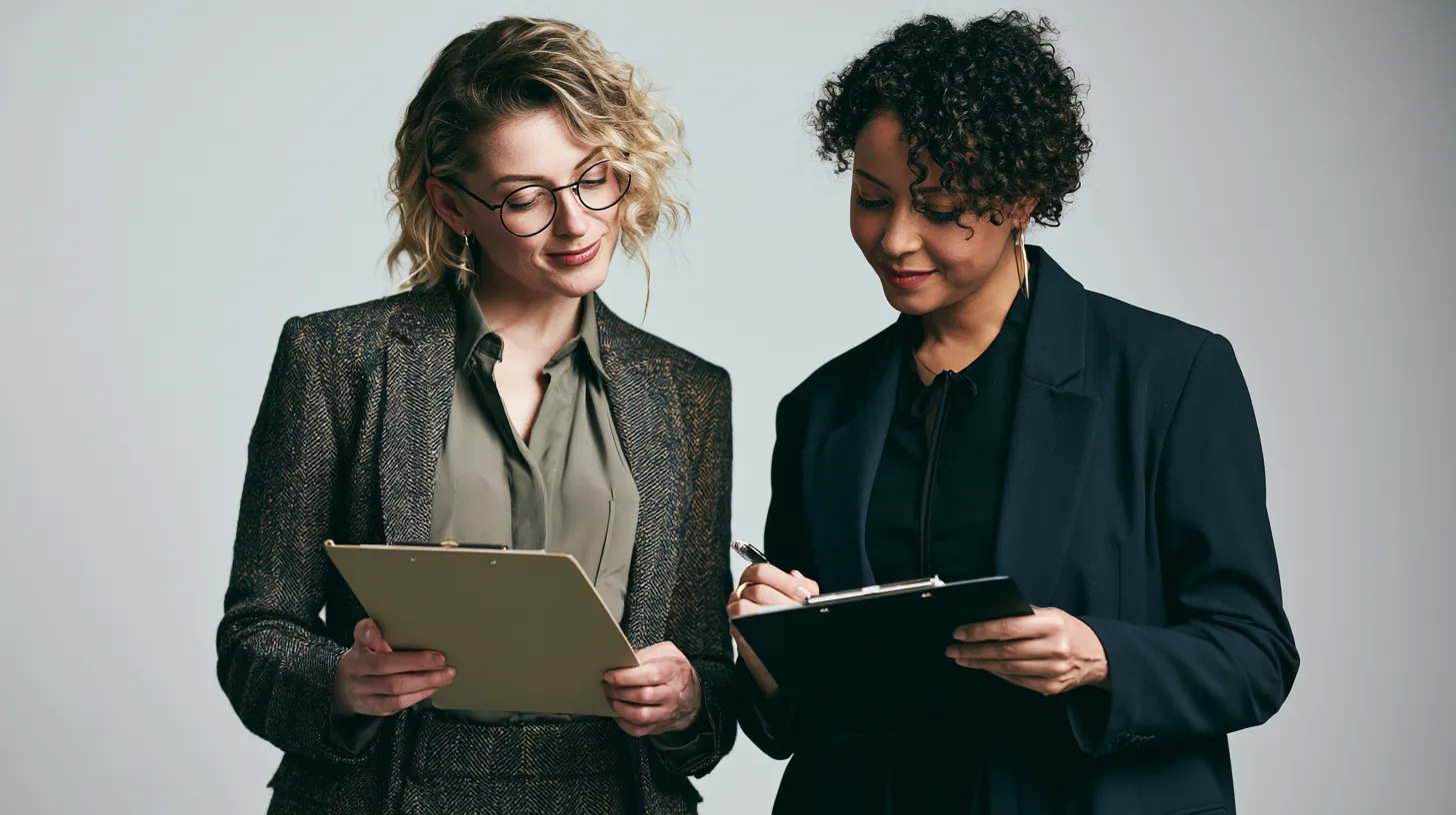 Two American women comparing personal loan lender notes on clipboards
